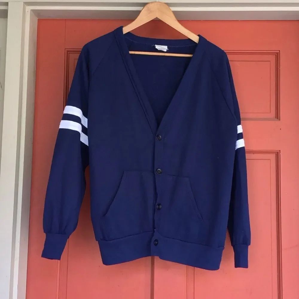Vintage 1st String Rugby Unisex Blue Cardigan with White Stripes